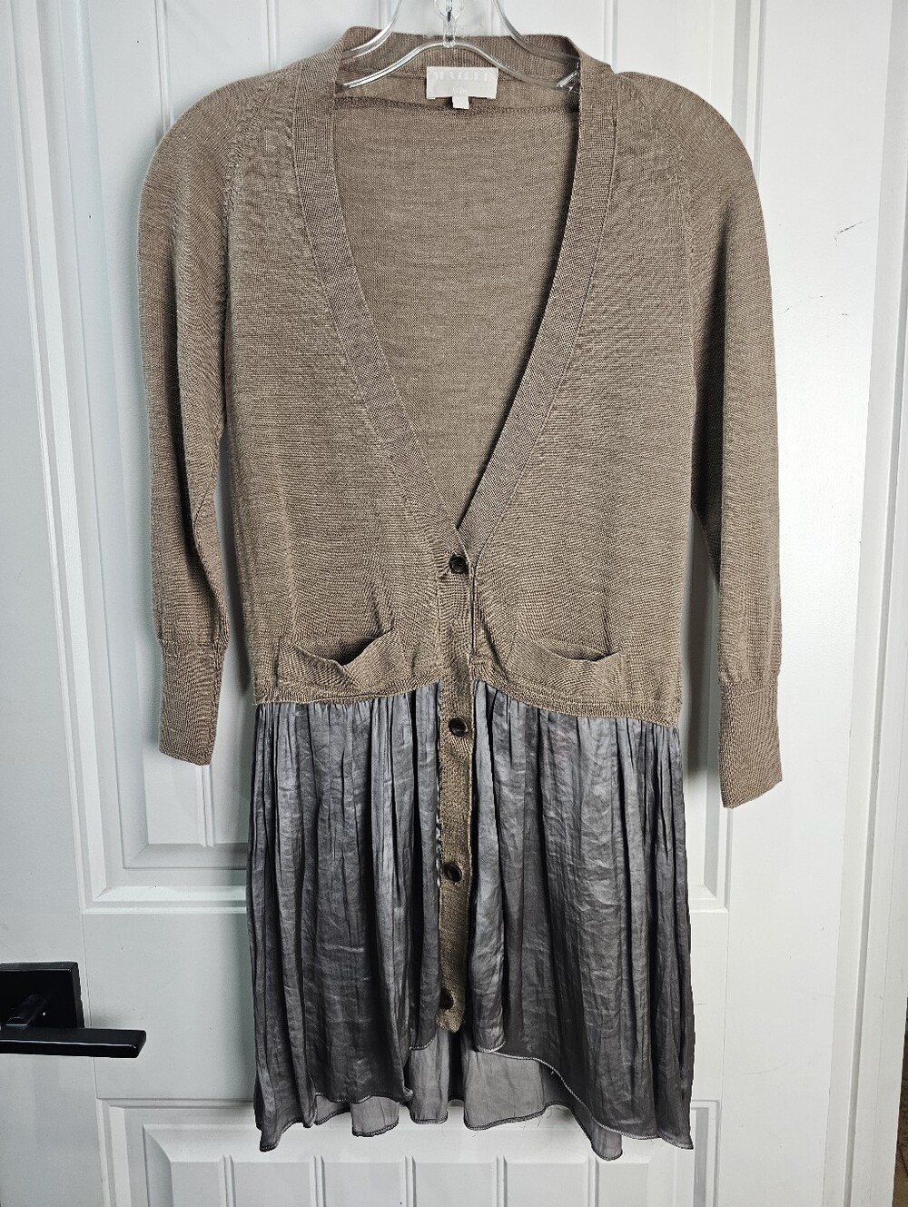 Clu Maille 100% Wool Fine Knit Cardigan Button Down Contrast Pleated Hemline
